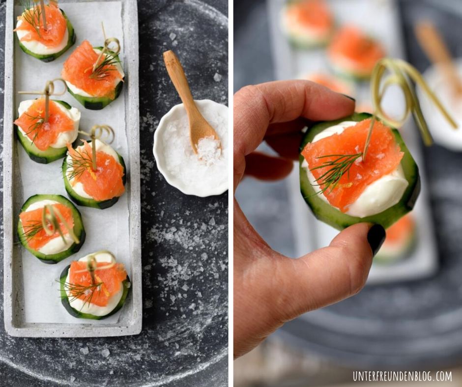 Schicke Lachs-Frischkäse-Gurken-Häppchen zum Fest! Kleine leichte Vorspeise oder Fingerfood ohne&nbsp;Kochen