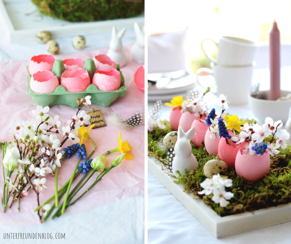 Ostern kommt immer so plötzlich!  Eine kleine Last-Minute DIY Osterdeko Idee! Vasen aus Eiern auf kuscheligem&nbsp;Moosbett.