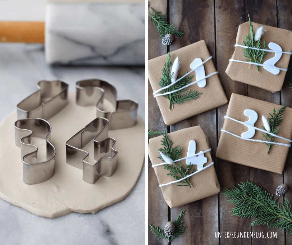 Der maximal entschleunigte Adventskalender mit nur 4 statt 24 Päckchen! Mit schicken Fimo-Zahlen zum Dekorieren und ein paar Ideen zum Befüllen. Gern geschehen&nbsp;:-)