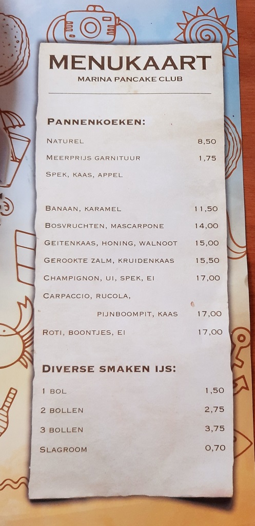 Menukaart Pannekoeken Restaurant Marina Pancake Club Bruinisse Zeeland