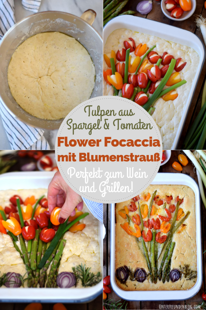 Flower Focaccia, Spring-Edition! Ein Tulpenstrauß aus Spargel und Tomaten. Sooo lecker und perfekt zum Angrillen!