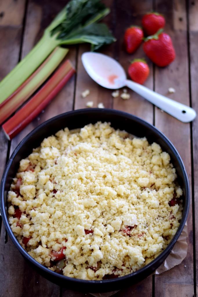 Ab in den Ofen mit Dir, Du hübscher Erdbeer-Rhabarber-Streuselkuchen