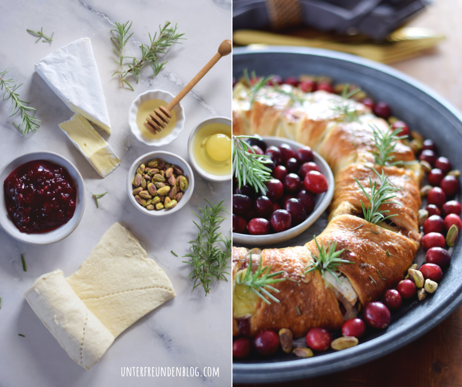 Festlicher, köööstlicher Teigkranz gefüllt mit Brie, Preiselbeeren und Pistazien.  Pssst … Angeber-Rezept! Sieht nach Arbeit aus, ist aber ganz einfach zu&nbsp;machen
